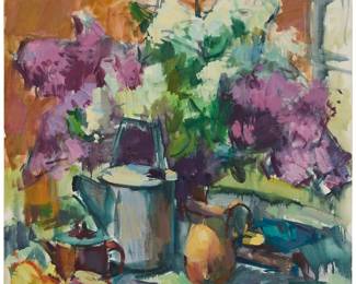 1209 Sergei Bongart (1918-1985) A still life with lilacs and pots Oil on canvas Unsigned 36 x 35 7/8 in. Estimate: $500 - $700