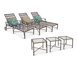 1189 Richard Frinier (b. 1946) A set of three 'Venetian' patio chaise lounges and side tables for Brown Jordan, late 20th/early 21st century Originally designed 1987 Each numbered to factory label In the Neoclassical style, comprising three lounge chairs with adjustable seatback and possibly later pillows, and three glass-top side tables 6 pieces Height of each lounger stored 20 1/4 in., length 68 1/2 in., width 33 in.; height of side tables 18 1/4 in., width 18 in., depth 18 in. Estimate: $600 - $800