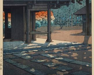 1219 Kawase Hasui (1883-1957) "Heirin Temple, Nobidome," 1952 Woodcut in colors on paper From the edition of unknown size With the printed black ink "Hasui" signature and the red ink "Kawase" seal in the lower left corner of the image; various printed or inked inscriptions with Japanese characters in the lower portion of the left margin; Watanabe Shozaburo, pub., with their seal in the lower right of the image Image: 14 1/2 x 9 1/2 in.; Sight: 15 x 10 in. Estimate: $300 - $500