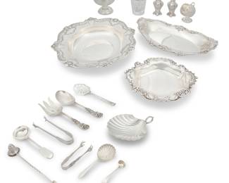 1224 A group of miscellaneous sterling silver table and bar items 20th century Each with factory marks for sterling Comprising bowls, dishes, a handled vessel with glass, and various utensils from makers such as Reed & Barton, Gorham, Fisher, S. Kirk & Son, and others Largest bowl height 2 1/8 in., diameter 10 1/2 in. Total weighable sterling 71.9 oz. troy approximately Estimate: $300 - $500