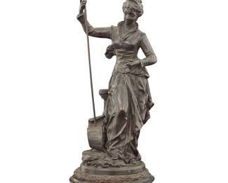 1200 After Ernest Rancoulet (1870-1915) "Forgeron" Patinated spelter on a wood plinth Titled and attributed to applied metal plaque, possibly spuriously Overall height 20 in., diameter 7 3/4 in. Estimate: $200 - $300