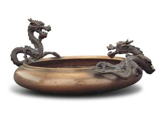 1054 A Chinese bronze dragon bowl 20th century Unmarked Mounted with two dragons Height 7 in., width 14 3/4 in., depth 12 1/2 in. Estimate: $200 - $400