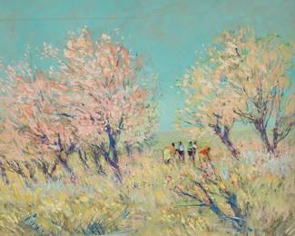 1022 Clifford Silsby (1896-1986) Apple blossom field with figures Oil on canvasboard Signed lower left: Clifford Silsby; with the artist's estate stamp verso 20 x 24 in. Estimate: $300 - $500