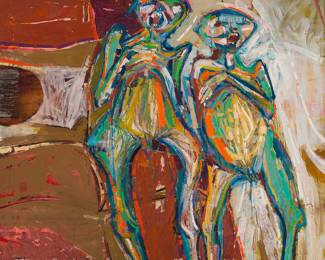 1319 Lundy Siegriest (1925-1985) "Two Mummies," circa 1955 Oil and wax on canvas Signed lower left: Lundy Siegriest; signed again, titled, inscribed "oil & wax" and with the artist's Oakland, CA address, all verso 50 x 55 1/4 in. Estimate: $1,000 - $2,000