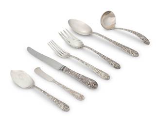1223 An Alvin sterling silver 'Bridal Bouquet' part flatware service Mid-20th century Designed 1932 Each with factory marks for sterling Comprising: 6 dinner knives (8 7/8 in.) 6 dinner forks (7 1/8 in.) 6 butter spreaders (5 3/4 in.) 1 table spoon (8 5/8 in.) 1 serving fork (7 3/8 in.) 1 gravy ladle (5 7/8 in.) 1 jelly server (6 3/8 in.) 22 pieces Total weighable sterling 22.6 oz. troy approximately Estimate: $300 - $500