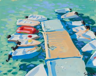 1190 Charles Sovek (1937-2007) "Noon Light on the Marina," 1998 Gouache on paper Signed lower right: Sovek; signed "Charles Sovek," titled, dated "© 1998," and inscribed "#2," all on the frame's backing board Sight: 7 3/4 x 9 3/4 in. Estimate: $400 - $600