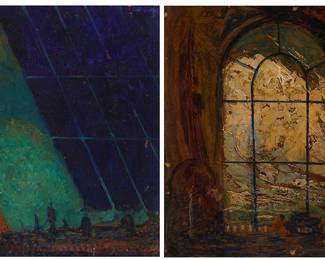 1248 John Wenger (1887-1976) Two theater set paintings, possibly for the Metropolitan Opera Each: Oil on board Each: Signed lower right: Wenger Each: 10 1/8 x 10 1/8 in. Estimate: $500 - $700