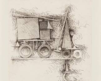 1263 Fletcher Benton (1931-2019) "Truckin Geo," from the "Geo" series, 1991 Etching on paper Edition: 1/40 Signed twice, dated, and numbered in pencil in the lower margin: Fletcher Benton 1991; Experimental Workshop, San Francisco, CA, pub. Plate: 5 x 4 7/8 in.; Sight: 5 7/8 x 5 7/8 in. Estimate: $200 - $300
