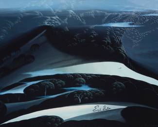 1282 After Eyvind Earle (1916-2000) "Fog Mountain" Photo offset poster in colors on paper From an edition of unknown but presumably large size Signed in black marker at lower center: Eyvind Earle; titled by repute; with the artist's incised signature, copyright, and date, 2-8-96, all photomechanically printed as part of the image along the lower edge, at right Sight: 17 5/8 x 23 3/4 in. Estimate: $200 - $300