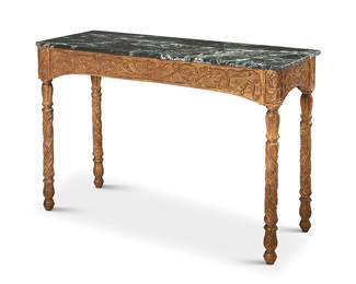 1210 An Italian Neoclassical style giltwood table Late 19th/early 20th century With green marble top above carved giltwood with acanthus leaf and scrolling foliate motifs Height 34 1/4 in., width 48 3/4 in., depth 18 1/2 in. Estimate: $400 - $600