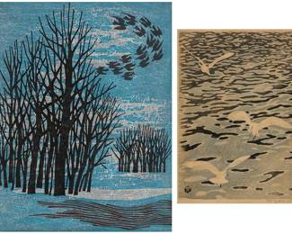 1341 Two Japanese Woodcut Prints Two works: Fumio Fujita (b. 1933) "Evening Shadow," 1966 Woodcut in colors on paper Edition: 88/100 Signed, dated, numbered, and inscribed in Japanese all in the lower margin: F. Fujita Image: 21 1/4 x 17 18 in.; Sheet: 23 x 18 1/4 in. Aoyama Masahuru (1893-1969) Seagulls Woodcut in colors on paper From the edition of unknown size and date Signed in pencil in the lower right margin: M. Aoyama; with the artist's black ink chopmark stamped in the lower left of the image Image: 15 1/2 x 10 3/4 in; Sight: 16 1/4 x 11 1/4 in. Estimate: $300 - $500