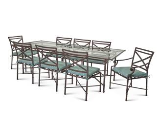 1280 Richard Frinier (b. 1946) A 'Venetian' patio dining set for Brown Jordan, late 20th/early 21st century Originally designed 1987 Each numbered to factory label In the Neoclassical style, comprising a glass-top table, two armchairs with scrolled armrests, and six side chairs, each chair with X-form seatback and stretcher, with possibly later seat cushions 9 pieces Table height 29 3/4 in., width 98 in., depth 44 in.; height of armchairs 35 1/2 in., width 22 1/2 in., depth 24 1/4 in.; height of side chairs 35 1/2 in., width 22 1/2 in., depth 23 in. Estimate: $800 - $1,200