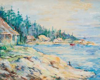 1021 Thomas Lorraine Hunt (1882-1938) Lakeside cabins with boats Watercolor and gouache on thin paper board laid to artist's board Signed lower left: Thos. L. Hunt 11 x 14 1/2 in. Estimate: $1,000 - $1,500