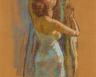 1254 Mischa Askenazy (1888-1961) "Woman Closing Drape" Pastel on tan paper Signed lower left: M. Askenazy; with the artist's estate ink stamp hand-numbered "40" on a label affixed to the frame's backing board; titled on a gallery label affixed to the frame's backing board Sight: 20 x 14 in. Estimate: $400 - $600