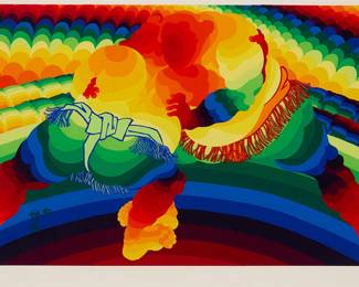 1132 Ay-O (b. 1931) "Sumo Wrestling," 1984 Screenprint in colors on wove paper Edition: 24/100 Signed, dated, and numbered in pencil in the lower margin: Ay-O '84 Image: 15 3/4 x 32 1/2 in.; Sight: 17 1/2 x 33 1/4 in. Estimate: $300 - $500