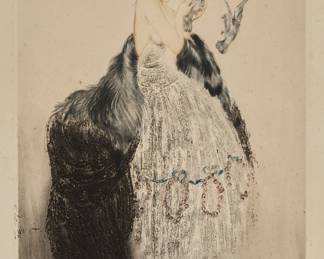 1295 Louis Icart (1888-1950) "Sweet Caress," 1924 Etching, drypoint, and aquatint in colors with hand-coloring on paper From the edition of unknown size Signed and numbered in pencil in the lower corners of the platemark: 92 / Louis Icart; with the artist's dated copyright and the name and address of Les Graveurs Modernes, Paris, France, pub., along the the far left portion of the upper platemark Plate: 17 5/8 x 11 5/8 in.; Sight: 23 1/2 x 16 1/4 in. Estimate: $300 - $500