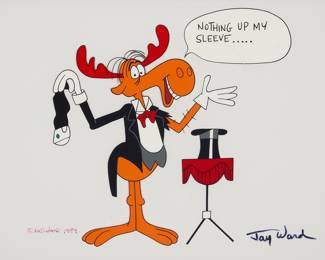 1344 Jay Ward (1920-1989) "Nothing Up My Sleeve" (A Bullwinkle animation cel) Paint on celluloid Signed lower right: Jay Ward; dated "1989" and inscribed "© Pat. Ward" lower left Sight: 9 x 11 1/2 in. Estimate: $400 - $600