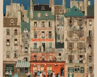 1324 Michel Delacroix (b. 1933) "Au Bon Bock," 1978 Lithograph in colors on paper Edition: 4/150 Signed and numbered in pencil in the lower margin: Michel Delacroix Image: 25 1/4 x 19 1/4 in.; Sight: 26 3/4 x 20 1/4 in. Estimate: $200 - $300