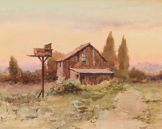 1168 Elmer Wachtel (1864-1929) Ranch house, 1892 Watercolor on paper Signed and dated lower left: Elmer Wachtel / -92- Sight: 8 x 13 1/2 in. Estimate: $600 - $800