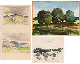 1342 Arthur Earl Haddock (1895-1980) A group of four works, including two colored pencil and graphite sketches of mountainous views, one graphite and charcoal drawing of a vast landscape, and one watercolor depicting three aligned trees within a landscape, each on paper, all signed in ink either in the lower corners or on the verso 4 pieces Sheet of Smallest (one of the colored pencil and graphite works): 5 3/8 x 6 in.; Sheet of Largest (the watercolor): 7 1/2 x 10. 1/4 in. Estimate: $300 - $500