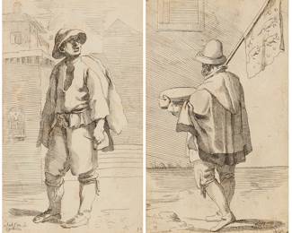 1285 After Annibale Carracci (1560-1609) Two works: "Spazzacamino" Etching on paper From the edition of unknown size and date Bears the printed signature and inscription lower left; with the printed number "50" lower right Sight: 10 5/8 x 6 1/2 in. "Vende pasta per i Sorci - Le Arti di Bologna" Etching on paper From the edition of unknown size and date Bears the printed initials lower right; with the printed number "13" lower left Sight: 10 5/8 x 6 1/2 in. Estimate: $50 - $100