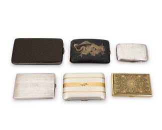 1183 Six vintage cigarette cases Mid/late 20th century A group of cases in various styles and metals, including two sterling silver cases, one small, circa 1938, and one larger with chased fineline banding and monogram initials to top, as well as a large leather-covered R. Blackinton & Co. case with sterling silver retention arm, a mixed metal Art Deco-style case with monogram by Elgin American, a blackened brass damascene-style case with a Japanese-style dragon and mountain motif overlay design, and a gilt metal case with elaborate Byzantine-style niello-style tracery overlay Three marked for maker and for sterling 6 pieces Largest 5 1/4 x 3 3/8 in.; smallest 2 5/8 x 3 /3/8 in. Weighable silver 4.42 oz. troy 605.9 grams gross Estimate: $150 - $250