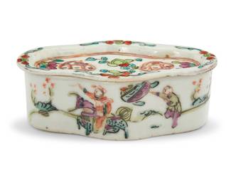 1240 A Chinese qianjiangcai enameled porcelain cricket cage box Late Qing dynasty (1644-1912) or later Applied wax export seal to underside With perforated lid painted with floral motifs above figures to the body Height 1 5/8 in., width 4 5/8 in., depth 2 5/8 in. Estimate: $500 - $700