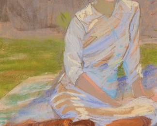 1007 Meda Gilchrist (1888-1953) Seated woman, circa 1940 Pastel on cardboard Signed lower right: Meda Gilchrist; dated by repute Sight: 11 1/2 x 8 1/4 in. Estimate: $200 - $300
