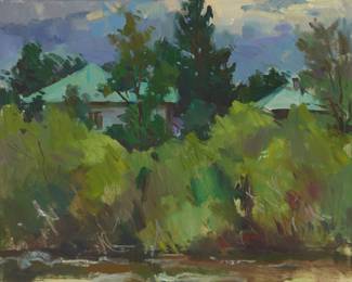 1015 Sergei Bongart (1918-1985) Houses along a lake Oil on canvas Unsigned 24 x 30 in. Estimate: $400 - $600