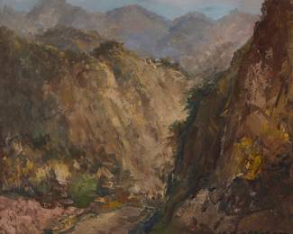 1316 Hans Burkhardt (1850-1910) Mountain landscape, 1949 Oil on canvas Signed lower right: H. Burkhardt / 1949; signed again and inscribed verso: "To my friend Werner" 22 x 25 in. Estimate: $500 - $700