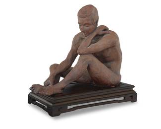 1076 A glazed stoneware figural sculpture Late 20th/early 21st century Incised signature: R. LASSER With bronze-toned matte glaze, raised on an associated wood plinth Figure height 12 1/2 in., width 9 1/2 in., depth 15 1/4 in.; height of plinth 2 3/4 in., width 8 1/2 in., depth 14 1/2 in. Estimate: $300 - $500