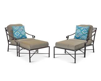 1093 Richard Frinier (b. 1946) A pair of 'Venetian' patio armchairs with ottomans for Brown Jordan, late 20th/early 21st century Originally designed 1987 Each numbered to factory label In the Neoclassical style, each chair with X-form seatback and stretcher, with possibly later seat cushions and pillows 4 pieces Each chair height 32 in., width 28 in., depth 31 1/2 in.; height of ottomans 19 in., width 27 1/4 in., depth 24 3/4 in. Estimate: $500 - $700