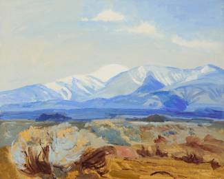 1046 George Barker (1882-1965) A landscape with snow-capped mountains Oil on canvasboard Signed in pencil lower right: George Barker; stamped with the artist's signature, numbered "GB-270" in red ink, and "G-808" in black ink, all verso 16 x 20 in. Estimate: $200 - $400
