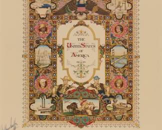 1011 Arthur Szyk (1894-1951) "The United States of America," 1947 Heliochrome in colors on paper From the edition of unknown size With the artist's and printer's signatures printed as part of the image; Arthur Jaffee Heliochrome Co., prntr.; K. Bileski, Winnepeg, Canada, pub. Image: 14 x 12 in.; Sight: 17 x 13 1/2 in. Estimate: $300 - $500