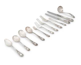 1136 An International sterling silver 'Fontaine' part flatware service Mid-20th century Designed 1924 by Frederick W. Stark Each with factory marks for sterling Comprising: 11 dinner knives (9 5/8 in.) 1 luncheon knife (9 in.) 12 butter spreaders (5 7/8 in.) 4 dinner forks (7 3/4 in.) 8 luncheon forks (7 1/4 in.) 24 salad forks (6 1/4 in.) 9 cocktail forks (5 1/2 in.) 8 cream soup spoons (5 3/8 in.) 2 larger cream soup spoons (6 in.) 24 teaspoons (6 1/8 in.) 1 sugar spoon (6 in.) 1 gravy ladle (6 3/8 in.) 105 pieces Total weighable sterling 107.3 oz. troy approximately Estimate: $1,000 - $1,500
