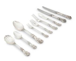 1106 A Reed & Barton sterling silver 'Francis I' part flatware service Mid-20th century Designed 1907 Each with factory marks for sterling Comprising: 4 dinner knives (9 1/4 in.) 4 dinner forks (7 1/4 in.) 4 salad forks (6 1/4 in.) 4 teaspoons (6 in.) 1 table spoon (8 3/8 in.) 1 master butter spreader (7 1/8 in.) 1 sugar spoon (6 1/4 in.) 1 pickle fork (6 in.) Together with 4 'French Renaissance' dinner knives (9 1/4 in.) 24 pieces Total weighable sterling 24 oz. troy approximately Estimate: $500 - $700