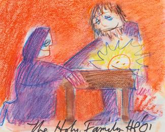 1023 Harold Plople (1946-2012) "The Holy Family," 2001 Oil pastel and watercolor on paper Signed with initials, titled, and dated along the lower edge: HP '01 Sight: 9 x 9 3/4 in. Estimate: $200 - $300