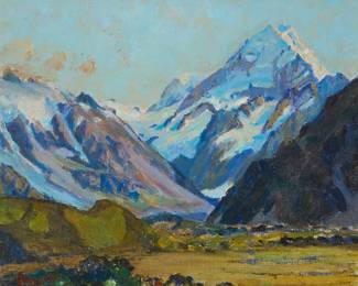 1017 Duncan Darroch (1888-1967) "Mountains in New Zealand #1" (Mount Cook), 1941 Oil on canvasboard Signed lower left: Duncan / Darroch; titled and dated in ink on a label affixed to the frame's backing board Sight: 8 1/2 x 10 5/8 in. Estimate: $200 - $300