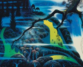 1006 After Eyvind Earle (1916-2000) "Green Pastures" Photo offset poster in colors on paper From an edition of unknown but presumably large size Signed in black marker at lower right: Eyvind Earle; with the artist's signature and and edition number, M 32/75, all photomechanically printed as part of the image along the lower edge at right and left, respectively. Image: 19 x 25 in. Estimate: $500 - $700