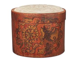 1339 A Chinese carved hardstone plaque mounted as a box Qing Dynasty (1644-1912) The stone lid carved with an urn, fish, and text, later mounted to a carved wood box gilt-painted with floral motifs and wanzi/sayagata pattern Height 3 3/4 in., width 4 1/2 in., depth 3 7/8 in. Estimate: $800 - $1,200