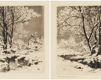 1312 George Elbert Burr (1859-1939) Two works: "Winter Creek," and "First Snow," circa 1914 Each: Drypoint and etching on wove paper Each: Signed in pencil in the lower margin, at left: George Elbert Burr Plate of each: 3 1/2 x 3 1/2 in.; Sight of each: 4 x 4 in. Estimate: $600 - $800