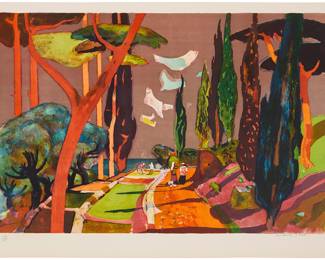 1335 Millard Sheets (1907-1989) "Field," circa 1977 Lithograph in colors on Arches paper Edition: 47/250 Signed and numbered in pencil in the lower margin: Millard Sheets; Circle Fine Art, Chicago, IL, pub., with their blindstamp in the lower left margin corner Image: 20 1/4 x 30 1/2 in.; Sheet: 23 5/8 x 35 3/8 in. Estimate: $300 - $500