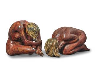 1148 Two Contemporary bronze figures of crouching women Late 20th/early 21st century Each unmarked Cold-painted bronze 2 pieces Taller height 7 1/4 in., width 6 1/2 in., depth 8 3/8 in.; shorter height 5 3/4 in., width 4 3/4 in., depth 11 1/2 in. Estimate: $200 - $400