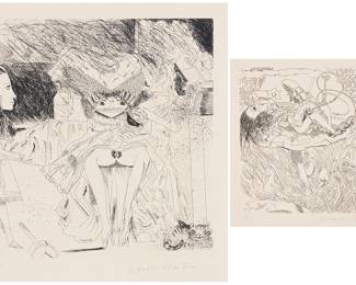 1230 Knox Martin (1923-2022) Two works: "Alice In Wonderland: Hookah Smoking Caterpillar," circa 1972 Etching on wove paper An artist's proof (aside from the edition of 50) Signed and inscribed "A.P." in pencil in the lower margin: Knox Martin; titled and dated by repute Plate: 8 3/8 x 7 in.; Sheet: 18 x 15 in. Untitled (Erotic scene based on "Alice in Wonderland") Etching on wove paper An artist's proof (aside from the edition of 50) Signed and inscribed "A/P" in pencil in the lower margin: Knox Martin Plate: 13 1/4 x 11 7/8 in.; Sheet: 25 5/8 x x 19 5/8 in. Estimate: $300 - $500