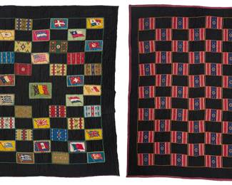 1250 Two American tobacco felt quilts Early/mid-20th century Each patchwork quilt worked with various tobacco felts and contrasting black cotton sateen, including one with multiple tobacco felts each featuring fish, shields, and tomahawks, trimmed and backed in maroon burgundy sateen, with tufting and feather stitch embroidery in yellow, the other with various felts including flags, and various Native American motifs, with purple sateen borders and backing, and tufting and feather stitch embroidery in green, each quilt with a thick batting interlayer 2 pieces The first 7 ft x 5 ft 7 in.; the second 6 ft 7 in. x 5 ft 10 in. Estimate: $400 - $600