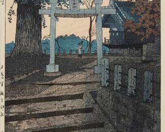1264 Shiro Kasamatsu (1898-1991) "Evening Sky at Suwa Shrine," 1932 Woodcut in colors on paper From the edition of unknown size With a faint signature and artist's red seal in the lower right corner of the image and printed Japanese inscriptions along the left margin edge; Watanabe Shozaburo, pub., with their seal in the lower left of the image Image: 14 1/4 x 9 1/4 in.; Sight: 14 3/4 x 9 7/8 in. Estimate: $300 - $500