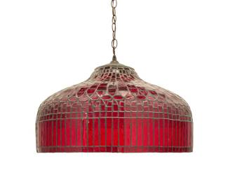 1332 A leaded glass hanging lamp Mid/late 20th century Unmarked With curtain border and a single light, electrified Height without chain 15 1/2 in., diameter 23 in. Estimate: $150 - $250