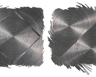 1313 Aijiro Wakita (b. 1942) Two works: "Quartered Square," from the "Sixteen Spiral Series," 1973 Lead and tin wire on wood Appears unsigned; titled and dated on a label on the frame's backing board: Sight: 11 x 9 1/2 in. (irreg.) "Circle," from the "Sixteen Spiral Series," 1973 Lead and tin wire on wood Appears unsigned Sight: 9 x 9 in. (irreg.) Estimate: $350 - $500
