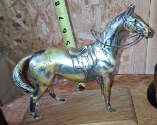 Vintage Cast Pot Metal Horse Figurine on Wood Base