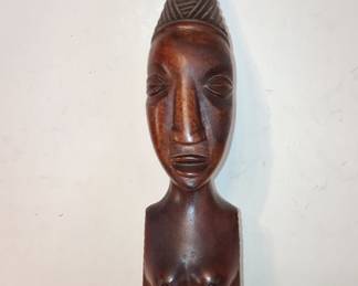 Vintage African Carved Wood Female Bust with Spiraled Coiffure